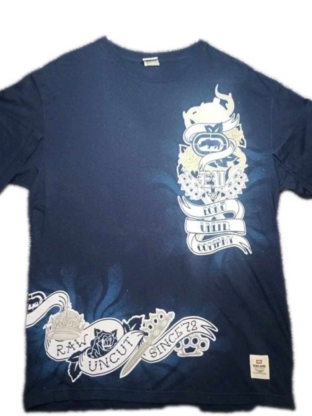 Ecko Unltd Raw Uncut Since 72 Graphic Tee Men's XL Navy Blue Y2K Hip Hop Vtg